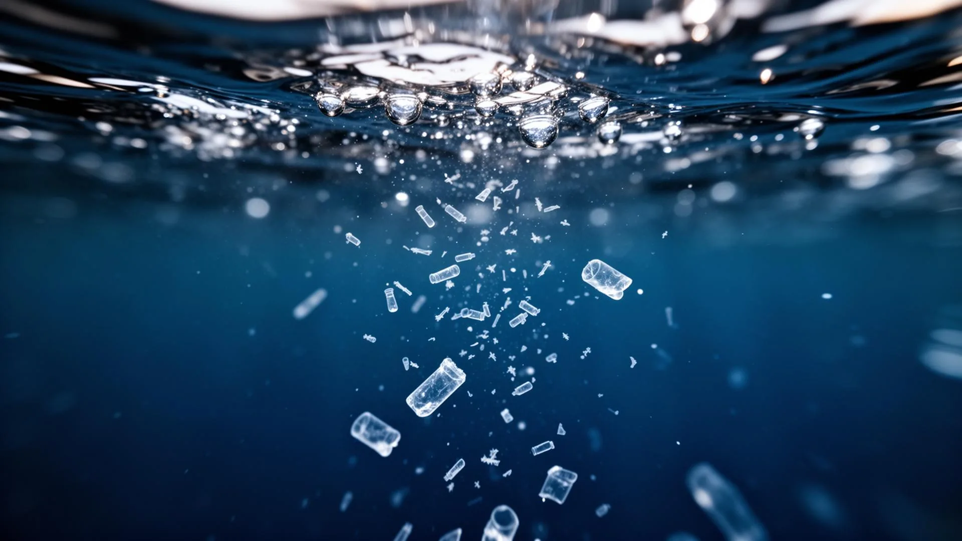 Microplastic particles suspended in water