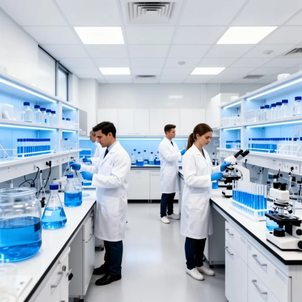 Scientists analyzing water samples in laboratory